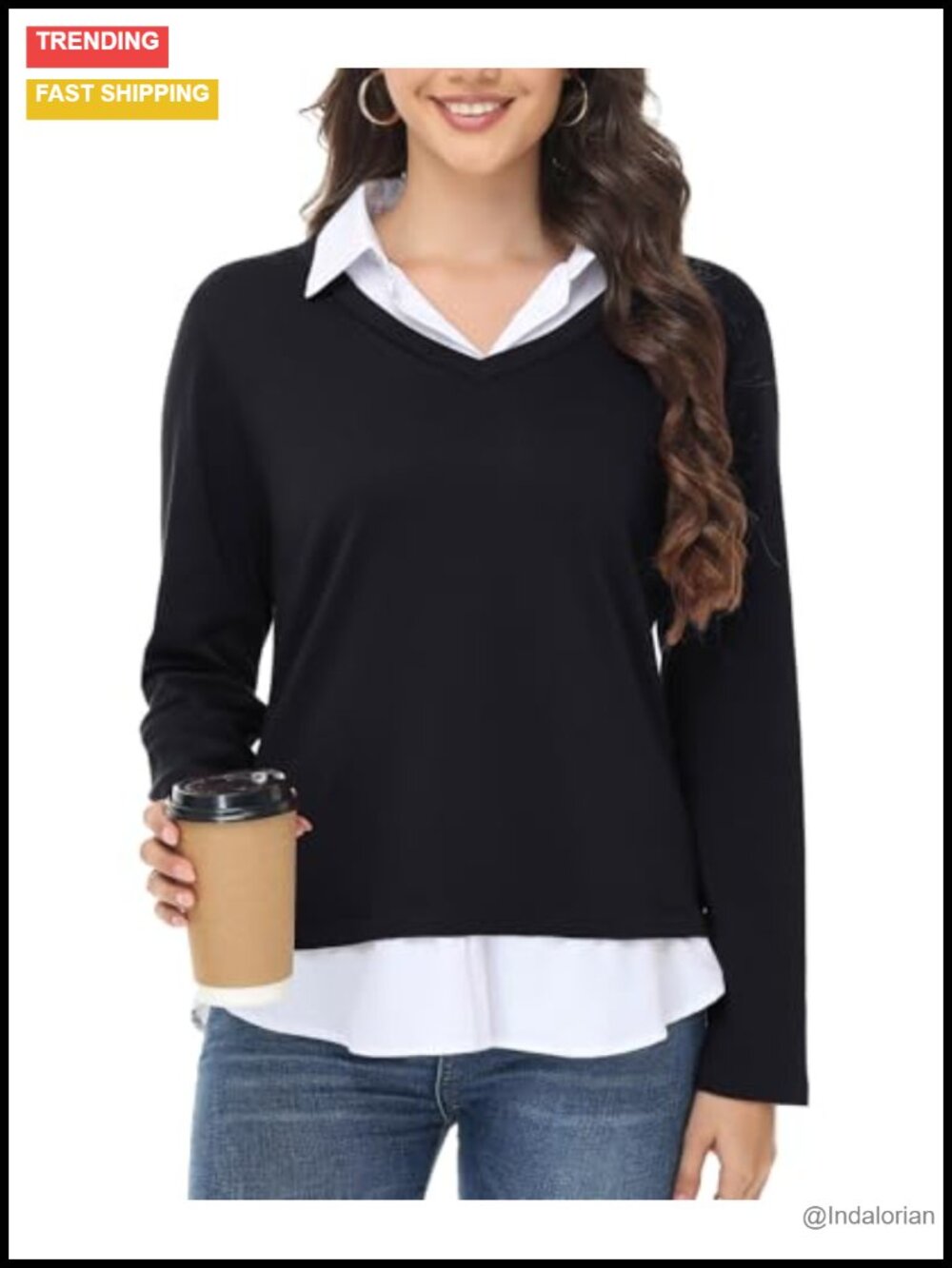 Womens V Neck Long Sleeve Collared Sweater 2 in 1 Top Office Business